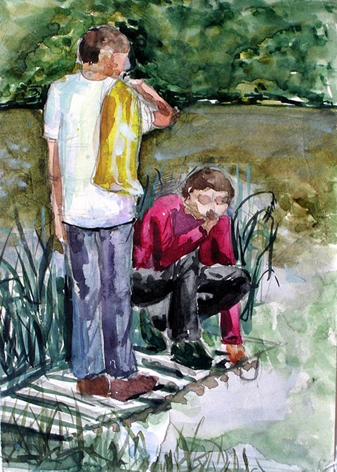Am Fluss. Alexander Babel, Aquarell, 4. Klasse, 2000/2001. Sommerlager „Filimonowskaja Poljana“, Rajon Odojew, Gebiet Tula. Kinderkunstschule Nowomoskowsk (Russland).