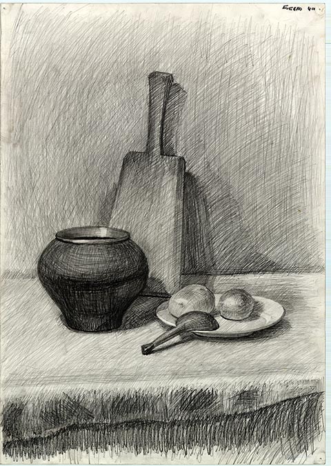 Dorfessen. Alexander Babel, 4. Klasse, 2000/2001, Bleistift, 62 × 43 cm. Entstanden im Zeichenunterricht der Kinderkunstschule in Nowomoskowsk (Russland).