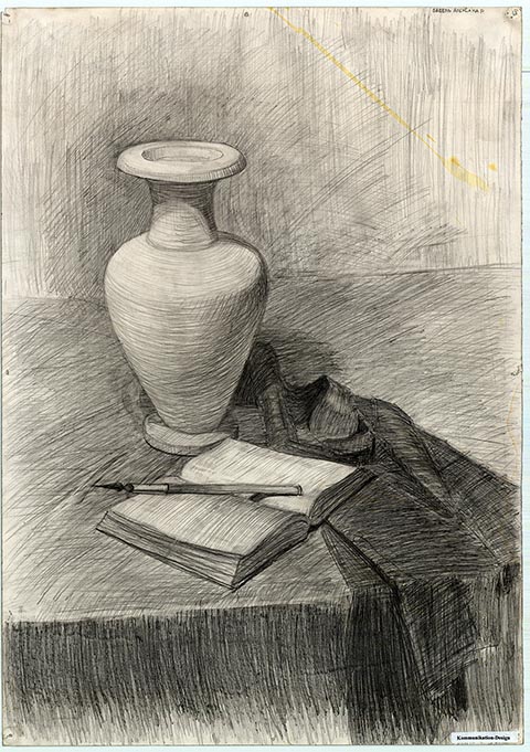 Tagebuch. Alexander Babel, 2. Klasse, 1998/99, Bleistift, 62 × 43 cm. Entstanden im Zeichenunterricht der Kinderkunstschule in Nowomoskowsk (Russland).