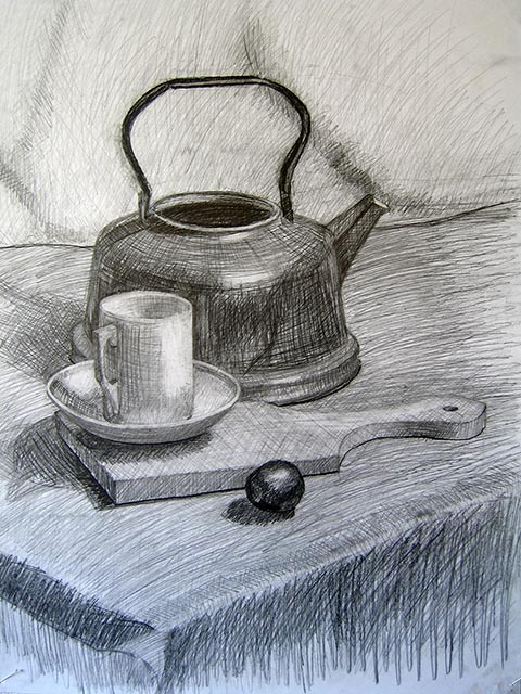 Teekessel. Alexander Babel, 4. Klasse, 2000/2001, Bleistift, 62 × 43 cm. Entstanden im Zeichenunterricht der Kinderkunstschule in Nowomoskowsk (Russland).