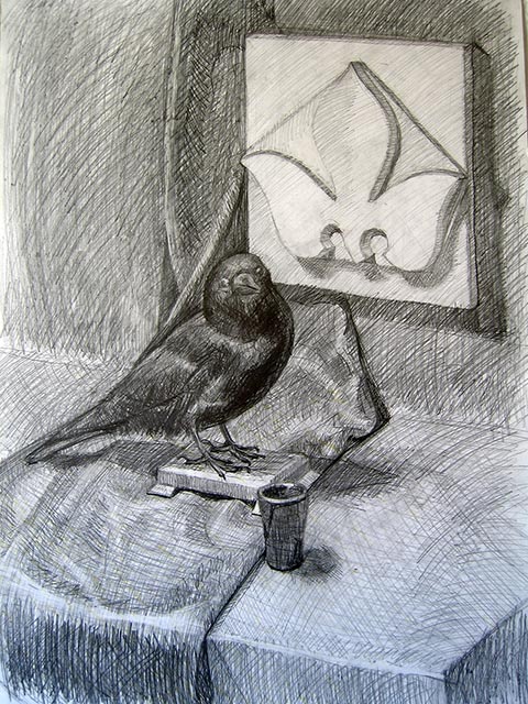 Krähe. Alexander Babel, 4. Klasse, 2000/2001, Bleistift, 62 × 43 cm. Entstanden im Zeichenunterricht der Kinderkunstschule in Nowomoskowsk (Russland).