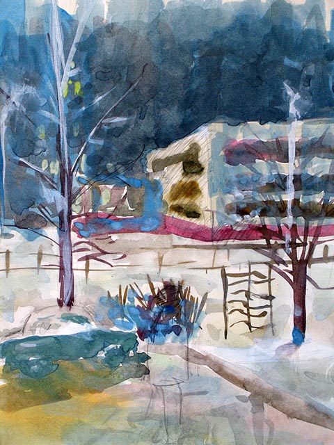 Schule. Alexander Babel, 4. Klasse, 2000/2001, Aquarell. Entstanden im Unterricht für Staffeleikomposition in der Kinderkunstschule Nowomoskowsk (Russland).