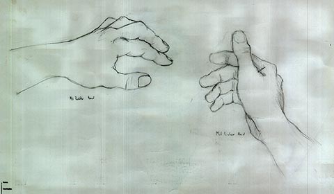 Hände. Die linke Hand wurde mit der rechten Hand gezeichnet, die rechte mit der linken. Alexander Babel, Bleistift, 10/2009, 62 × 43 cm. Fachhochschule Frankfurt am Main.