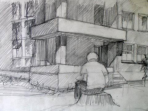 Schulskizze. Alexander Babel, 4. Klasse, 2000/2001, Zeichnung. Entstanden im Freilichtunterricht an der Kinderkunstschule der Stadt Nowomoskowsk (Russland).