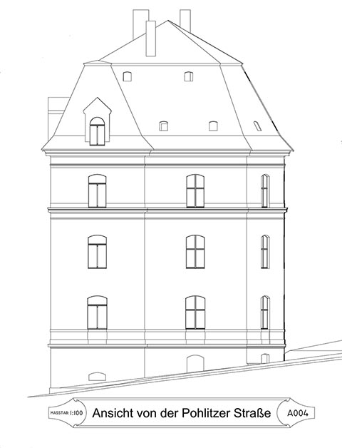 Blick auf das Haus Dietel von der Pohlitzer Straße, Greiz.