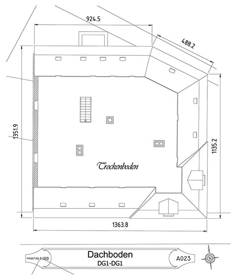 Grundriss des Dachbodens des Hauses Dietel, Greiz.