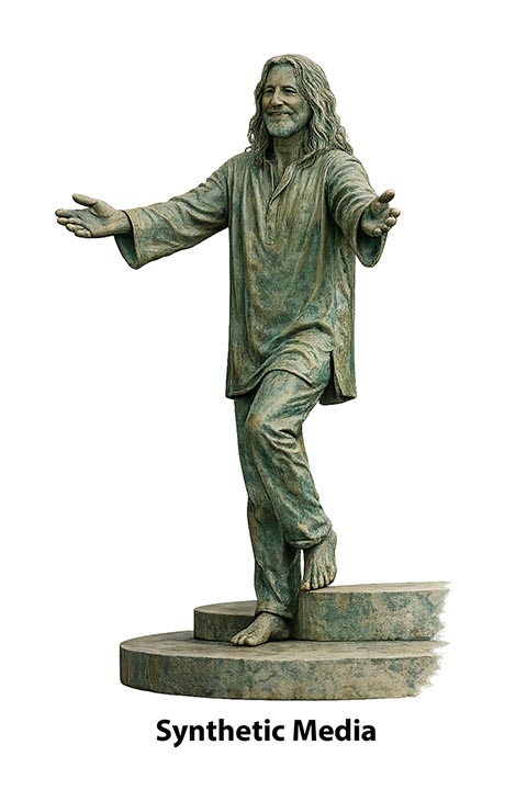 Fotorealistischer KI-Render (ChatGPT) einer Bronzefigur von Istvan auf Stufen zur Visualisierung der Skulpturenkomposition Istvandukt auf dem Istvanplatz in Greiz.