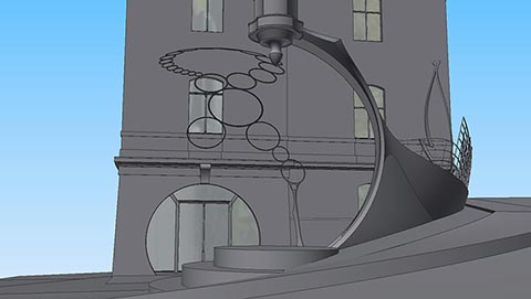 Skulpturale Komposition Istvandukt auf dem Istvanplatz in Greiz. Blick auf das Denkmal vor einem Gebäude. 3D-Modell.