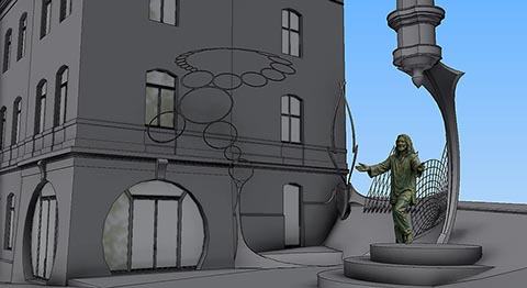 Vor dem Gebäude die skulpturale Komposition Istvandukt in Greiz. Elemente des Denkmals: Bronzefigur von Istvan, Obelisk, Herz, Flamme, Baum. 3D-Modell.