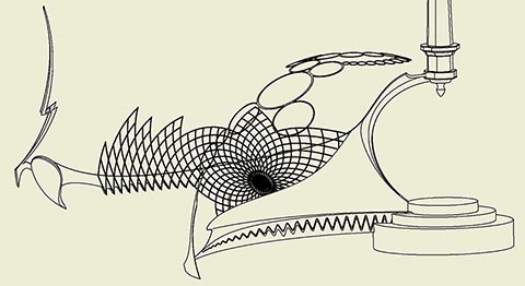 Skulpturale Komposition Istvandukt auf dem Istvanplatz in Greiz. Am Sockel der Bank die Amplitude einer musikalischen Schallwelle. Zeichnung. 3D-Modell.