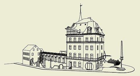 Gesamtansicht des Hauses von Viktor Dietel in Greiz. Auf dem vorderen Grundstück Istvandukt. Zeichnung. 3D-Modell.