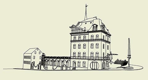 Gesamtansicht des Hauses von Viktor Dietel in Greiz. Auf dem vorderen Grundstück Istvandukt. Zeichnung. 3D-Modell.