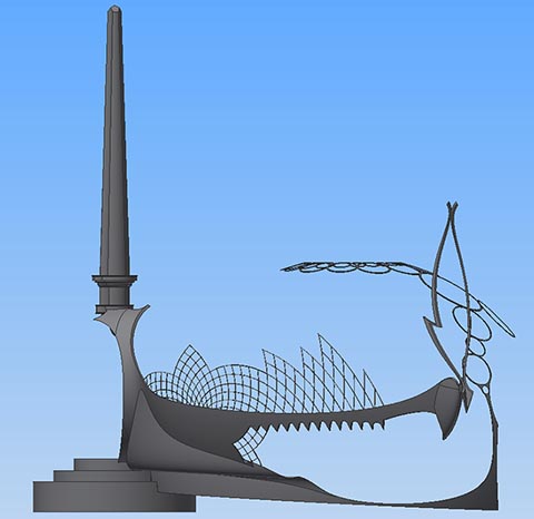 Istva﻿ndukt auf dem Istvanplatz in Greiz, Rückansicht. Baumkrone aus Jahresringen, Obelisk, Herz, Flamme. 3D-Modell.