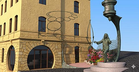 Die skulpturale Komposition Istvandukt, modelliert von Alexander Babel. Mittels neuronaler Postbearbeitung wurden Blumen hinzugefügt und der Realismusgrad des Screenshots eines präzisen digitalen 3D-Modells erhöht; Bronzefigur von Istvan Sky, Istvanplatz in Greiz.