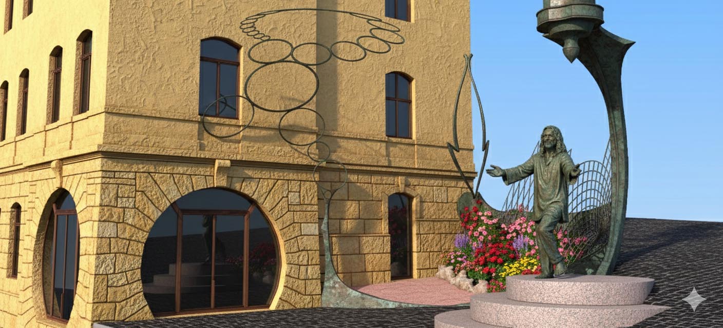 Die skulpturale Komposition Istvandukt, modelliert von Alexander Babel. Mittels neuronaler Postbearbeitung wurden Blumen hinzugefügt und der Realismusgrad des Screenshots eines präzisen digitalen 3D-Modells erhöht; Bronzefigur von Istvan Sky, Istvanplatz in Greiz.