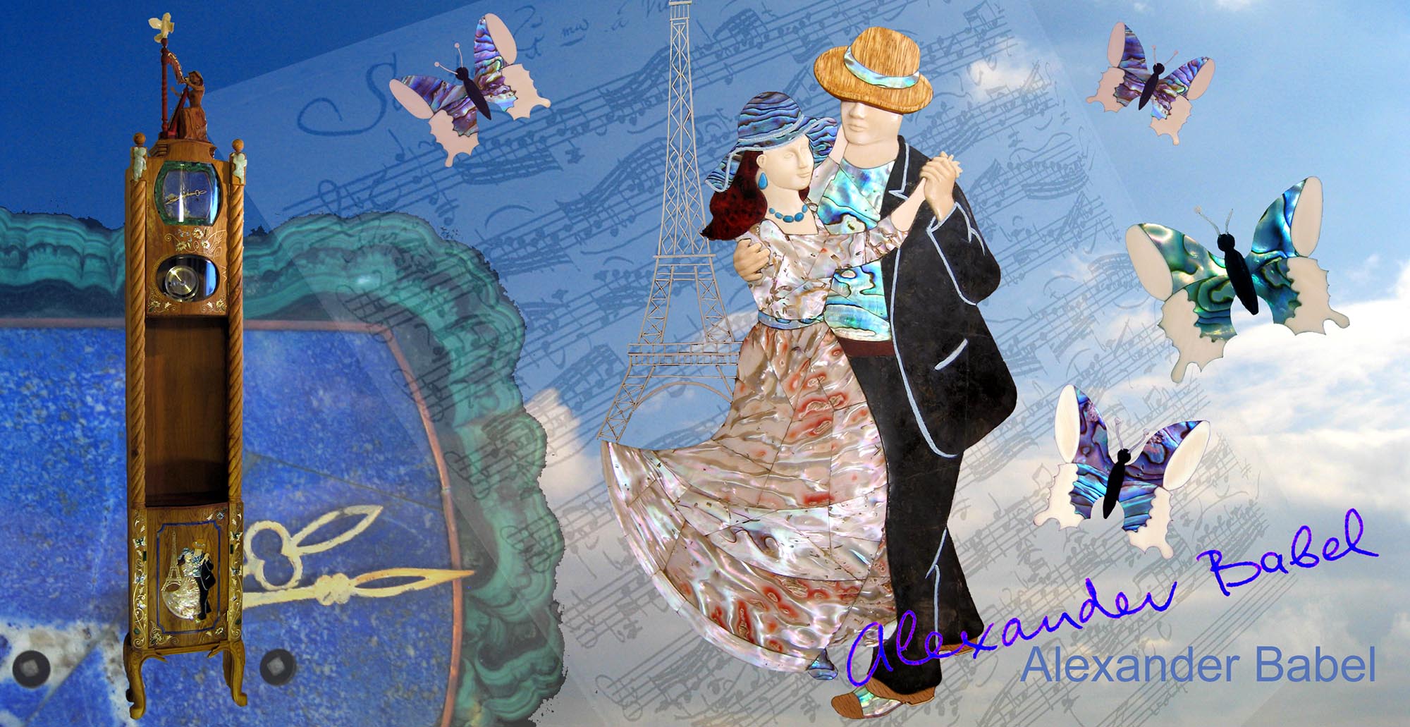 Fotocollage: Tanzendes Paar nach Motiven von Renoir, Perlmutt-Schmetterlinge, Standuhr vor einem Zifferblatt aus Lapislazuli und Malachit. Autorarbeit von Alexander Babel.