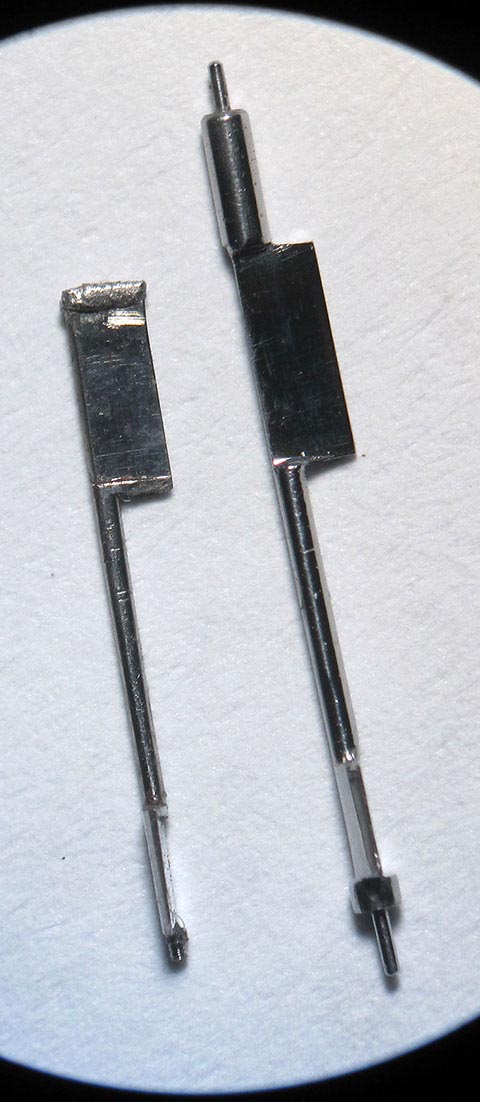 Herstellung der Unruhwelle. Formgebung der Palette. Antike Tischuhr mit Spindelhemmung, angetrieben durch Schnecke (Fusée) und Kette.