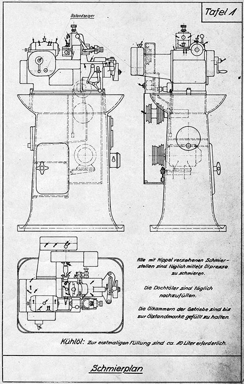 Wälzfräsmaschine Gauthier W1, Calmbach an der Enz, Deutschland. Schema.
