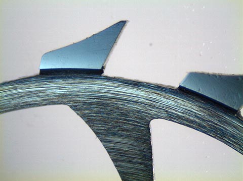 Fragment eines Chronometerrads, aufgenommen mit einem trinokularen optischen Aufsatz auf dem Stativ eines Stereomikroskops Olympus SZ 61.