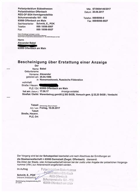 Gewindeschneidapparat Schaublin 70, Anzeige bei der Polizei.