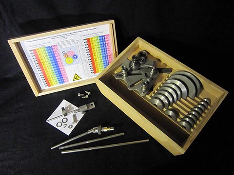 Kasten mit Zubehör des Gewindeschneidapparats für die Drehmaschine Schaublin 70; auf dem Deckel eine Tabelle der Zahnradzähne je nach Gewindesteigung.